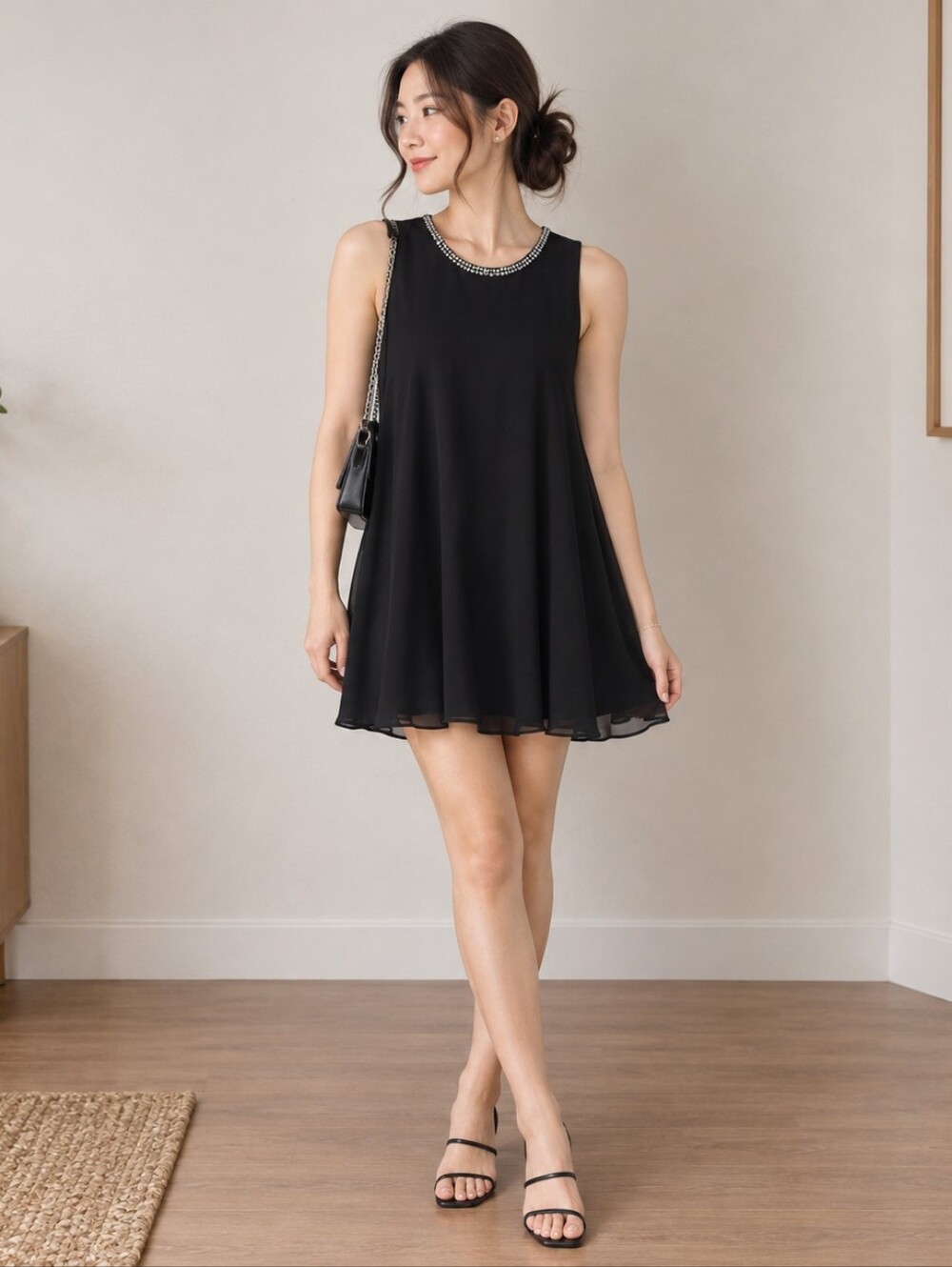 BCBGeneration Black Sleeveless Mini Dress with Beaded Collar